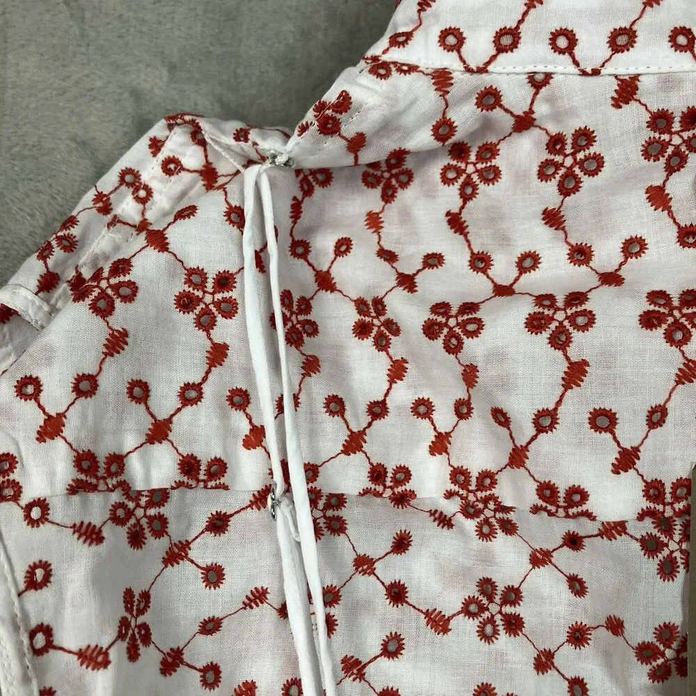 J Crew Eyelet Shirt Dress Womens 10 Red Mini Sleeveless Collared Feminine